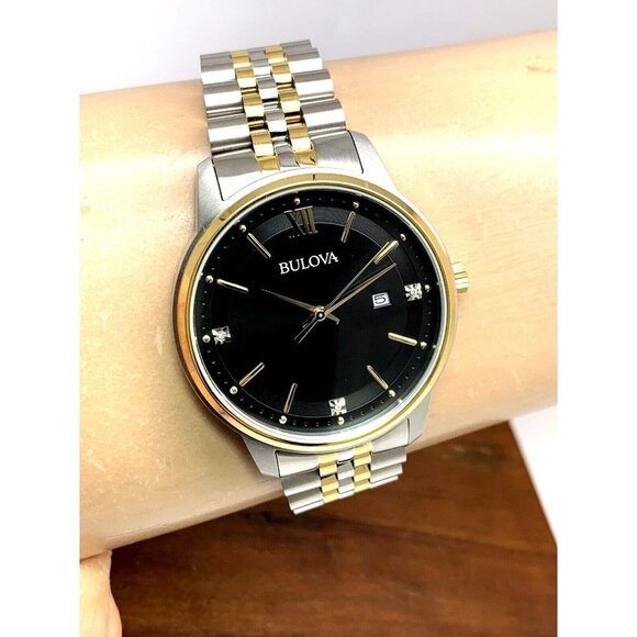 Bulova Men's Watch 98D163 Black Dial Diamond Accent Quartz Two Tone Steel - Picture 10 of 13